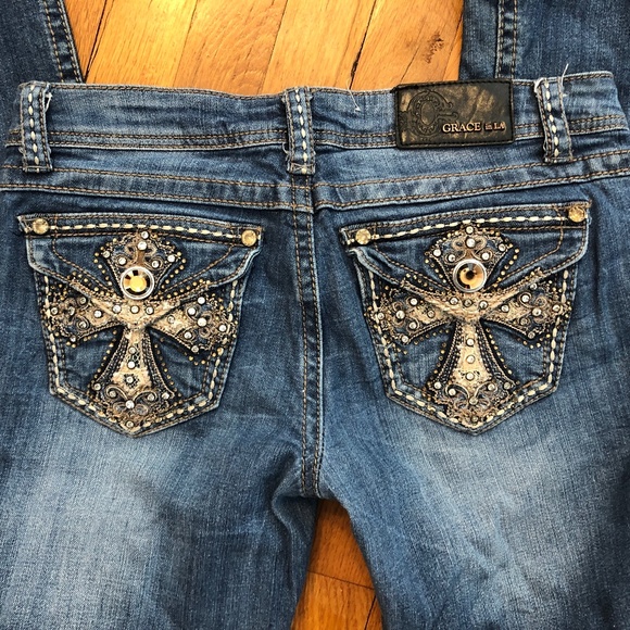 Grace in LA Cross Jeweled Pocket Size 28 Denim Jeans - Picture 4 of 11